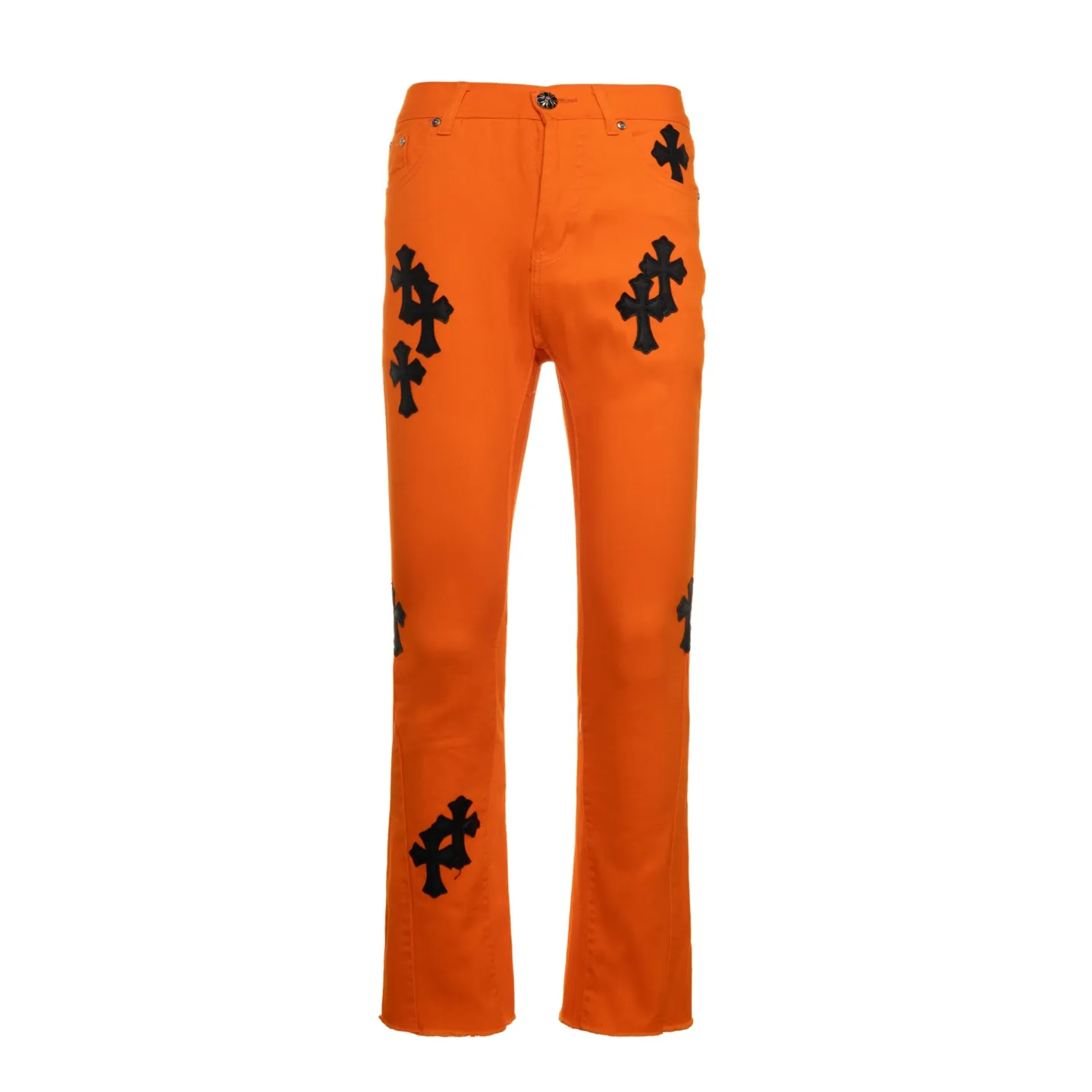 P240 Chrome Hearts/CH Chrome Hearts Virgil co-branded limited edition orange black leather cowboy bootcut jeans (orange) Chrome Hearts co-branded jeans are really amazing! 🔥 As a jeans lover, I am amazed by its workmanship and details! Same style for men and women, must-have Cow King Style No.: 1707# Color: Orange Size: 28 30 32 34 (S-XL)